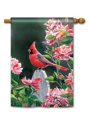 Cardinal with Variegated Roses House Flag | Bird Flags | Yard Flag