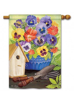 Pretty Pansy and Birdhouse House Flag | Spring, House, Flags