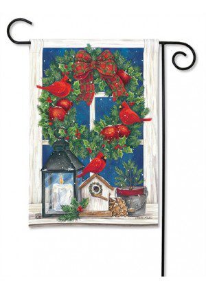 Wreath in the Window Garden Flag | Winter, Bird, Garden, Flags