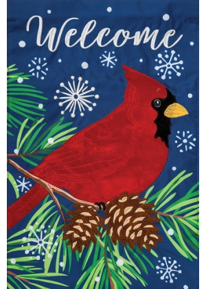 Cardinal on Blue Flag | Applique Flags | Winter Flags | Garden Flag